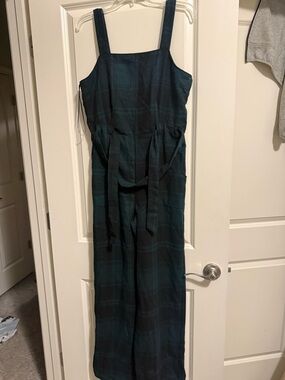 Copper Key Dark Green & Black Plaid Wide-Leg Jumpsuit with Tie Belt